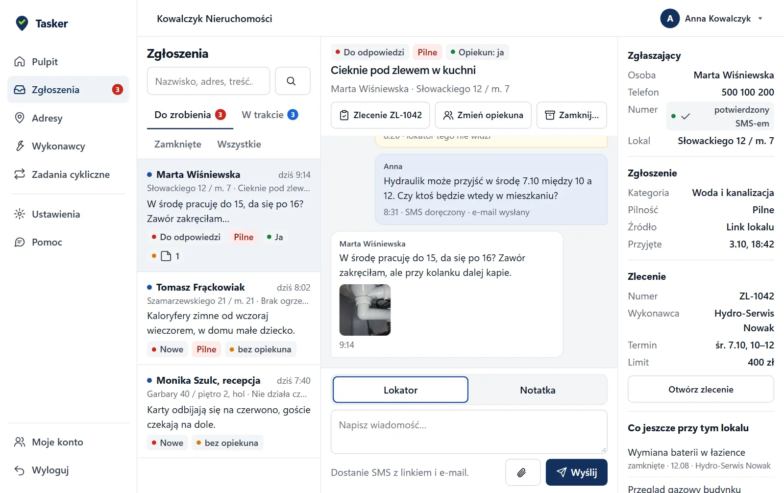 Panel zarządcy w Taskerze: lista zgłoszeń usterek i otwarte zgłoszenie z rozmową z lokatorem
