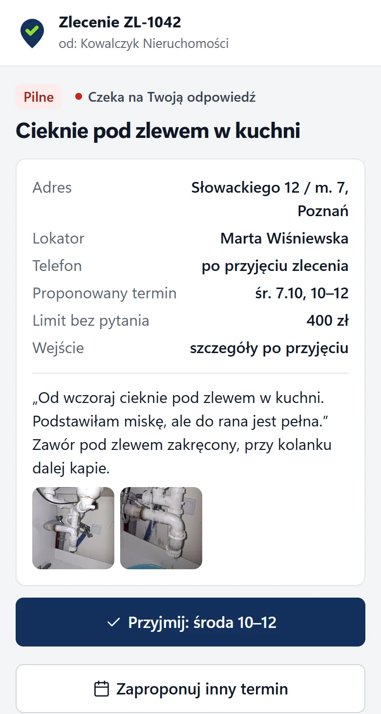 Zlecenie otwarte przez wykonawcę w telefonie: adres, opis usterki i przyciski przyjęcia